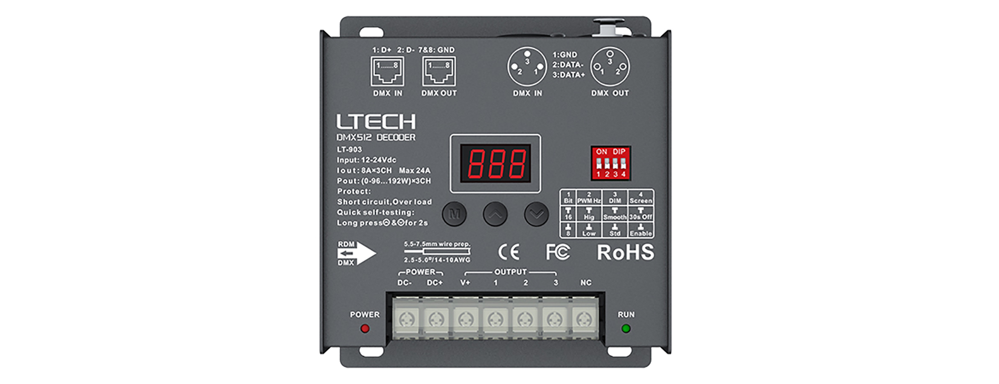 903  3Ch 8A CV DMX Decoder, 576W Max.Power, XLR & RJ45 Port, 8/16bit Grey level, Self testing, IP20.